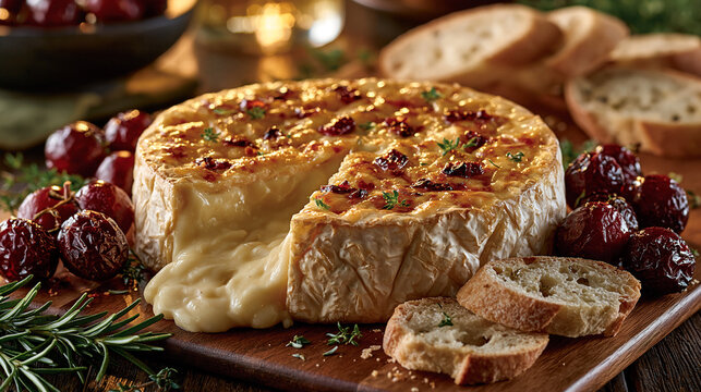 Warm Cheese Dish With Herbs and Bread on a Wooden Table