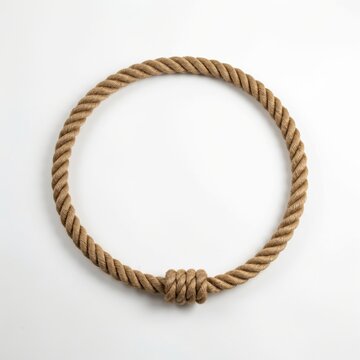 Nautical jute rope circle frame isolated on white background, natural fiber string border for design framing, rustic twisted cord ring