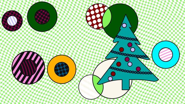 Abstract pop art Christmas tree and geometric circles that shift colors and patterns against a polka dot background, loopable animation