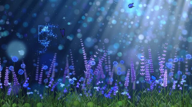 Glowing "Dream Big" text forming from sparkling dust falling from blue butterfly wings in a night flower field meadow with moonlight rays and bokeh