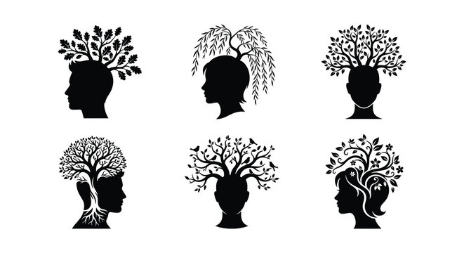 Human head silhouettes with tree foliage a vector illustration