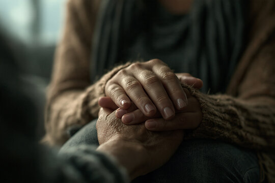 Senior hands gently holding onto another pair of hands for support and comfort with gentle touch