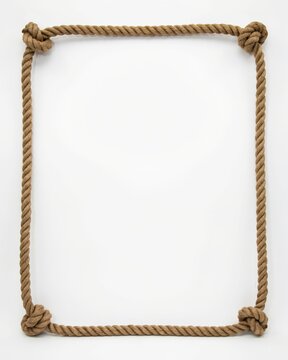 Nautical rope frame with corner knots, rustic hemp cord border isolated on white background, vintage maritime rope template