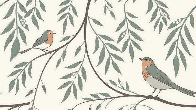 Charming robins on delicate willow branches pastel vector illustration seamless natural pattern.