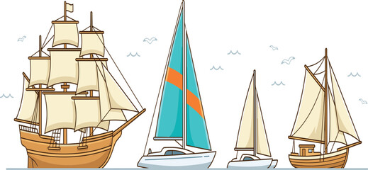 Cartoon Sailing Ship and Yacht Vector Set Featuring Traditional Galleon Vintage Boat Modern Teal Sailboat and Classic Cutter Vessel © MdNurjjamal