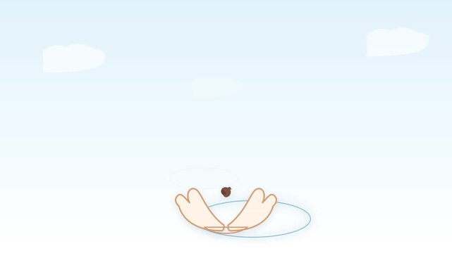 Cute animated squirrel eating a nut in video footage with sky background and white clouds motion clip