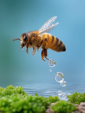 Macro shot of a honey bee hovering over water with splashing drops and green moss