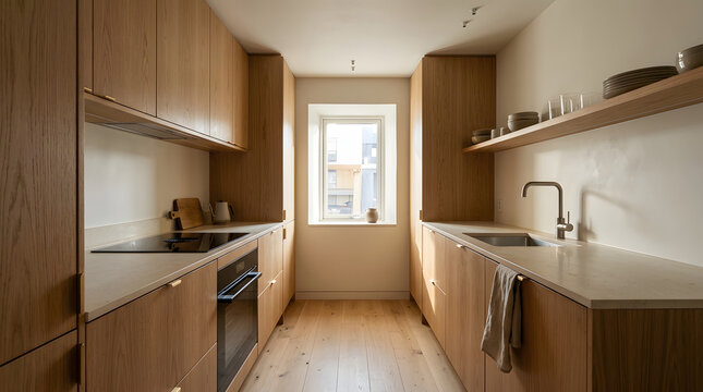 Small galley kitchen interior featuring light oak wooden cabinetry white stone countertops and large window for urban apartment cooking area.