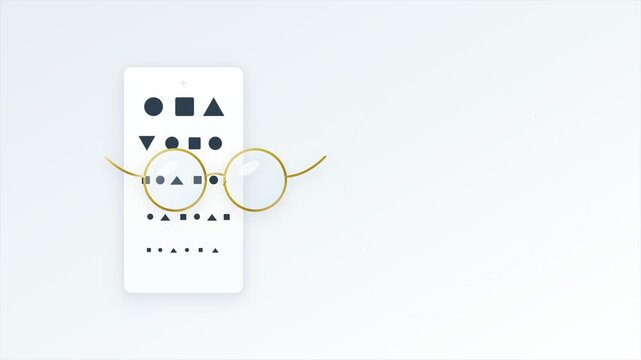 Golden glasses moving in front of blur eye test chart animation footage clip background