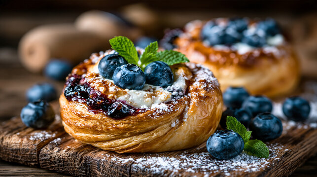 Freshly Baked Pastry With Blueberries on a Wooden Table