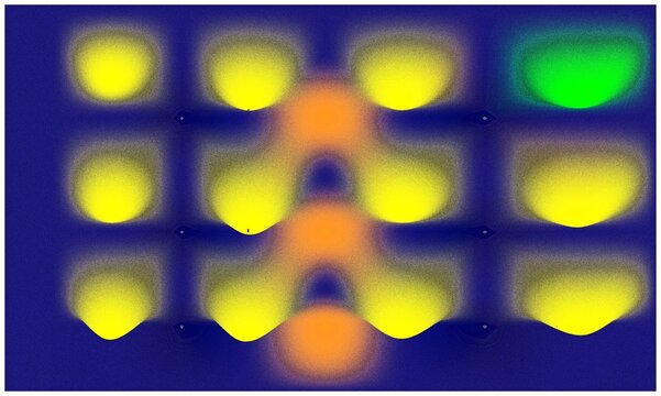 Heat map displays temperature gradients across a grid layout. Yellow zones indicate moderate heat, with orange and green peaks. Dark blue background contrasts the warm thermal patterArt & Illustration