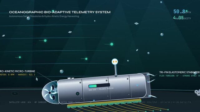 Educational animation of an oceanographic bio-adaptive telemetry system demonstrating hydro-kinetic energy harvesting saline dissolution and cetacean interspecies interface