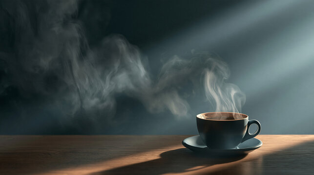 Warm Cup of Coffee Sits on Table With Steam Rising in Sunlight