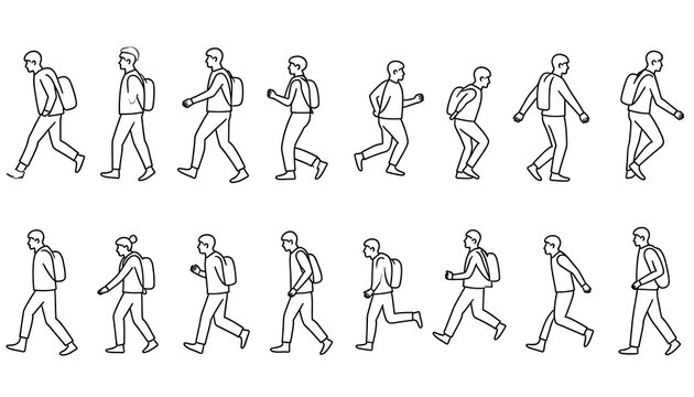 Collection of walking animation frames for people with backpacks showing various movement sequences.