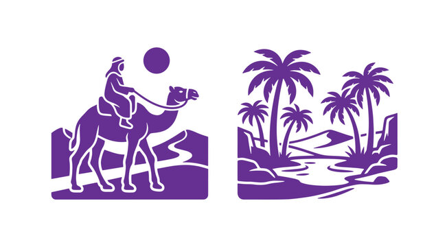 Set of purple desert oasis and camel rider travel illustrations with travel illustration palm trees purple vector bedouin travel oasis landscape nomad ride adventure tourism sahara scene