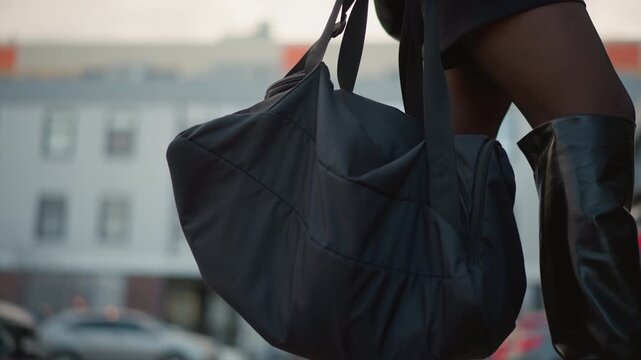 Close up shot shows lower body of person holding black bag while wearing boots and shorts with urban street scene in soft focus handbag purse streetwear