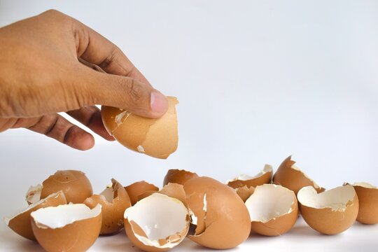Studio shot of a human hand picking up a broken brown eggshell from a pile of scattered eggshells on a white background.