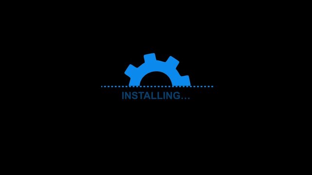 A modern software installation screen featuring a blue gear icon and an &ldquo;Installing&hellip;&rdquo; message on a dark background, representing system setup, configuration,