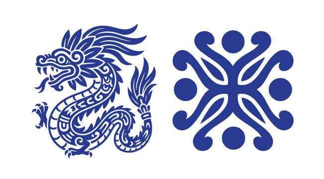 Blue dragon and geometric abstract symbol icon set graphic illustration with mythical creature ancient art design element cultural symbol vector style illustration mythology creative ornament