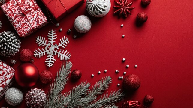 Top view of composition with Christmas decorations and copy space on red background, New Year winter banner