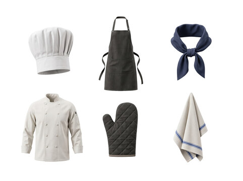 Collection of chef uniform including a white hat, apron, jacket, oven mitt, neckerchief, and kitchen towel isolated on a transparent background