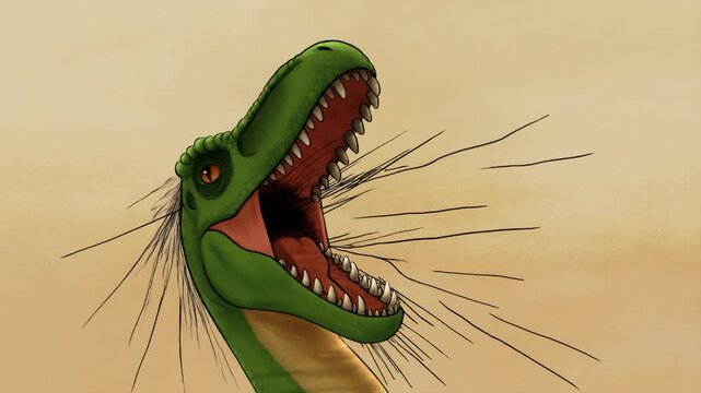 Close up of a dinosaur roaring in a desert like setting