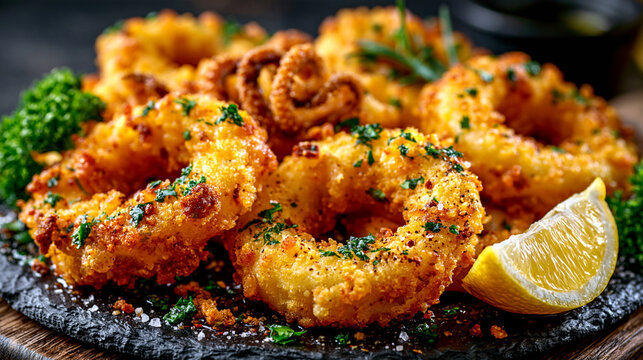 Fried Seafood Dish Served With Lemon and Herbs on a Dark Plate