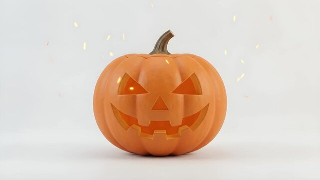 3D Carved pumpkin with glowing face isolated on white background 4k video resolution