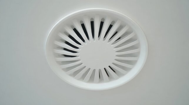 A white circular ceiling air vent with evenly spaced radial slats is mounted on a smooth, light gray surface.