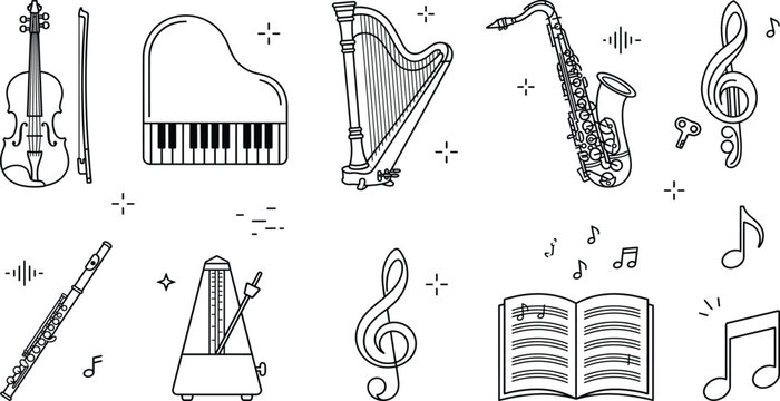 Classical musical instruments vector line set with piano violin harp saxophone flute metronome book and notes coloring elements
