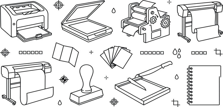 Printing press and office copy machine vector line set with plotter scanner paper cutter stamp and typography elements