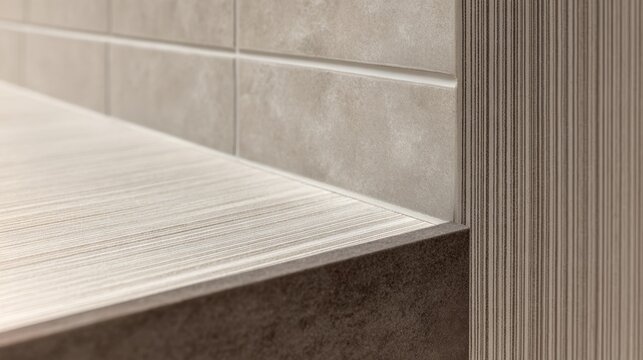 Close-up of a modern, textured corner with beige and brown tiles featuring smooth and grooved surfaces in a minimalist design.