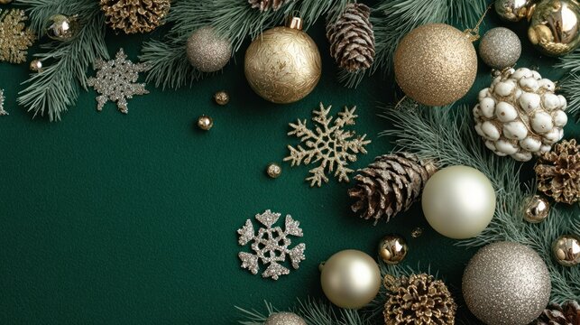 Top view of gold and silver Christmas tree balls, cones, bells, snowflakes, and serpentine on pine branches on green background with empty space