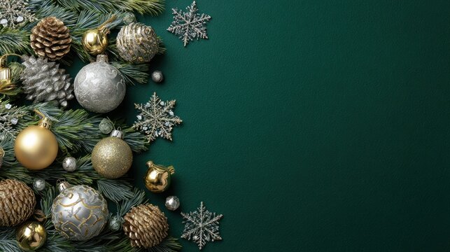 Top view of gold and silver Christmas tree balls, cones, bells, snowflakes, and serpentine on pine branches on green background with empty space