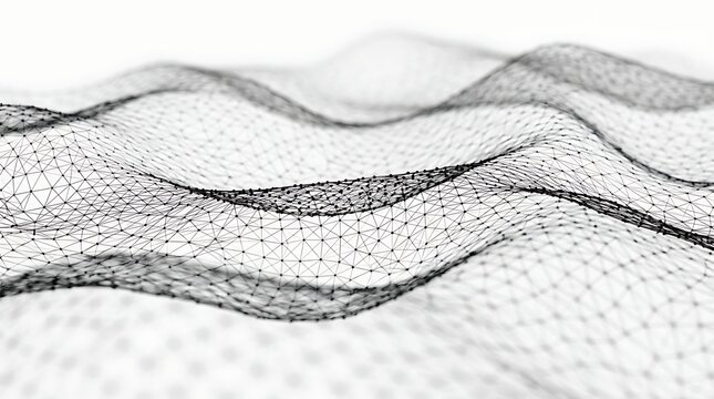 Abstract digital plexus landscape with grey wireframe mesh wave, connecting dots, and lines on clean white background for big data, technology, and architecture concepts