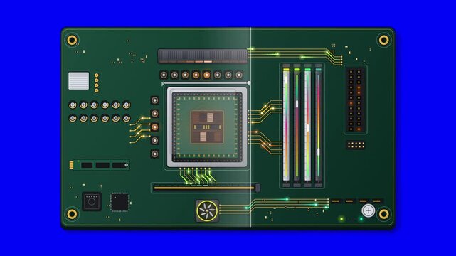 Motherboard Circuit Board Top View Animation with CPU X-Ray Reveal, Glowing RAM Modules, VRM, Chipset Fan and Flowing Data Traces on Blue Screen Background, Seamless Loop