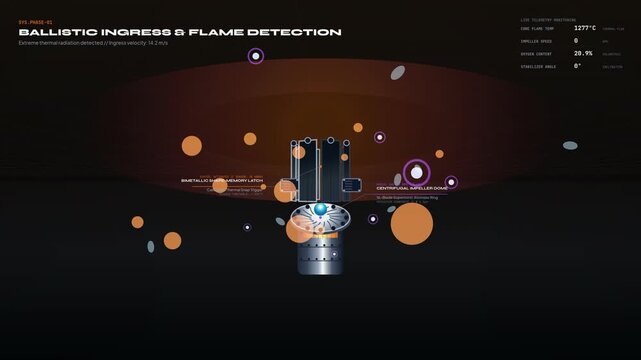 Educational animation of an advanced aeroshield pod showcasing ballistic ingress flame detection outrigger petals centrifugal aerosol wave and endothermic steam quench systems