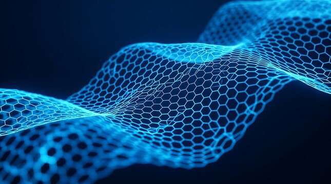 Abstract futuristic blue honeycomb mesh wave background with glowing hexagon grid structure for nanotechnology, graphene, and cyber technology concepts