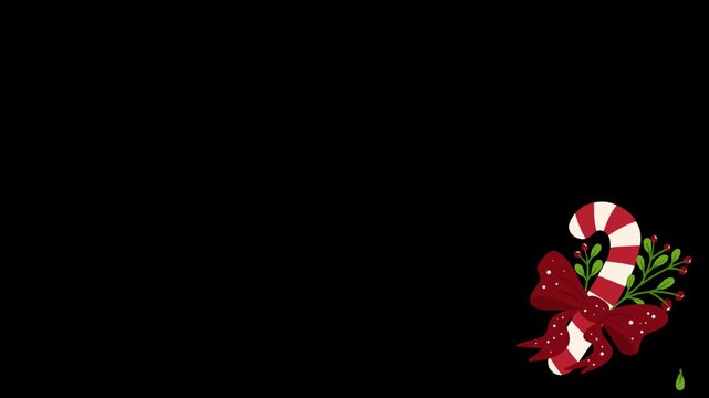 Animated hand drawn Christmas candy cane with red bow and berry branches isolated