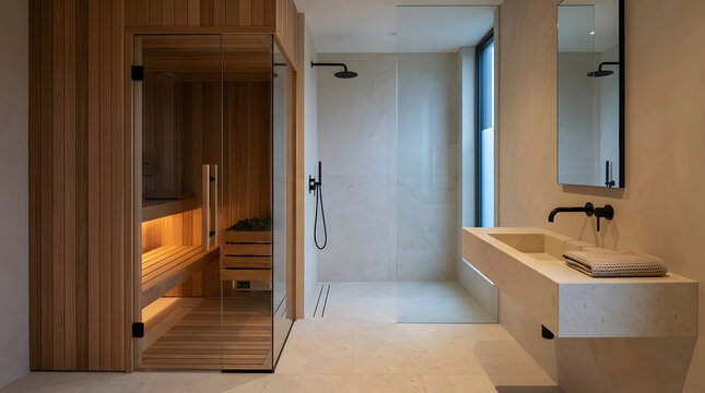 Luxury home spa bathroom includes integrated wooden sauna cabin and walk in glass shower with minimalist stone floating vanity and mirror.