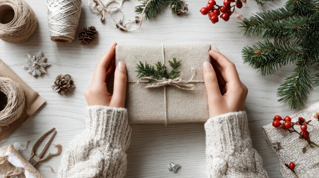 Top view of person preparing a Christmas present