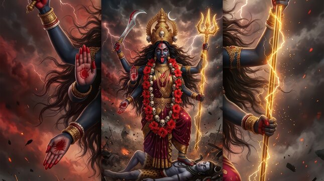 Hindu goddess maa kali standing with weapons in a dark mystical background for spiritual and religious worship