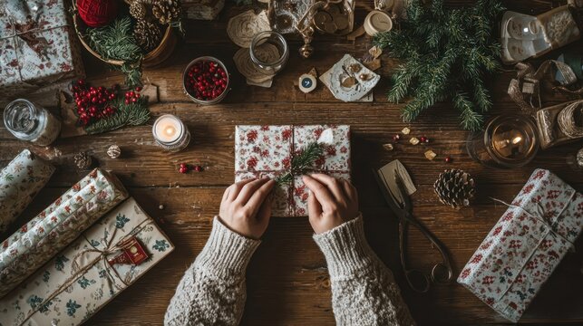 Top view of person preparing a Christmas present