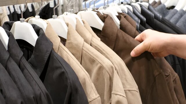 A man's hand selects autumn coats or shirts from rack in a store.