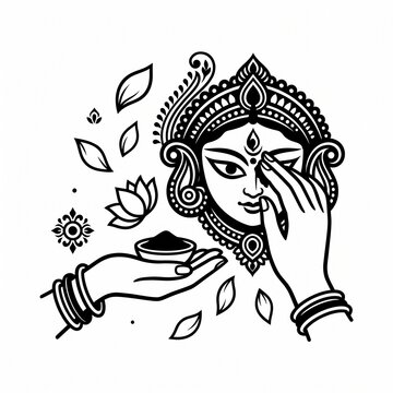 Durga Goddess Face With Tilak Ritual, Sindoor Offering, Lotus Motif and Traditional Puja Illustration