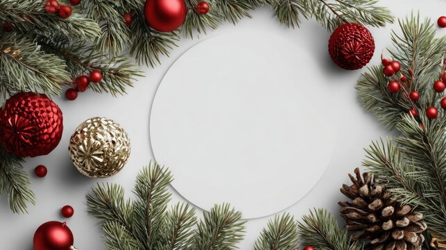Top view of pine tree wreath with Christmas decorations and round blank space in middle isolated on white