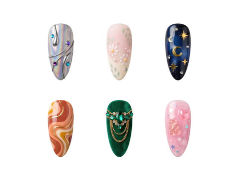Set of six almond shaped false nails with diverse decorative including celestial and floral patterns isolated on a transparent background