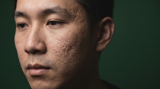 Close up portrait of an Asian man with prominent ice pick acne scars and textured skin looking away