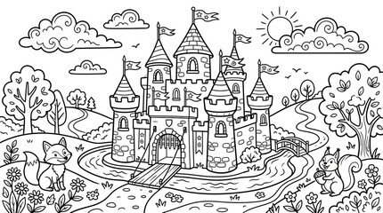 Fototapeta premium Fantasy Castle Illustration for Coloring