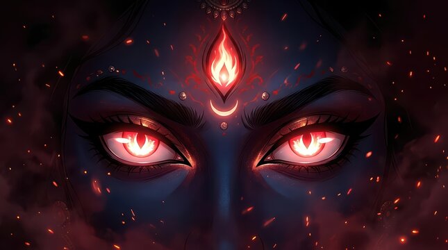 Close up view of goddess kali eyes with glowing red fire flames and mystical divine symbol on forehead
